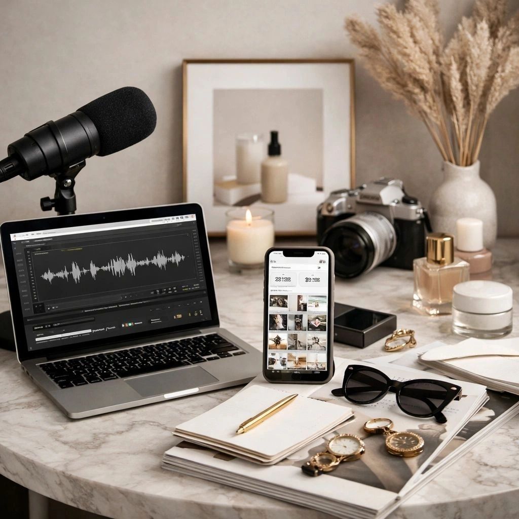 A workspace with a laptop, smartphone, camera and cosmetics on a marble table.